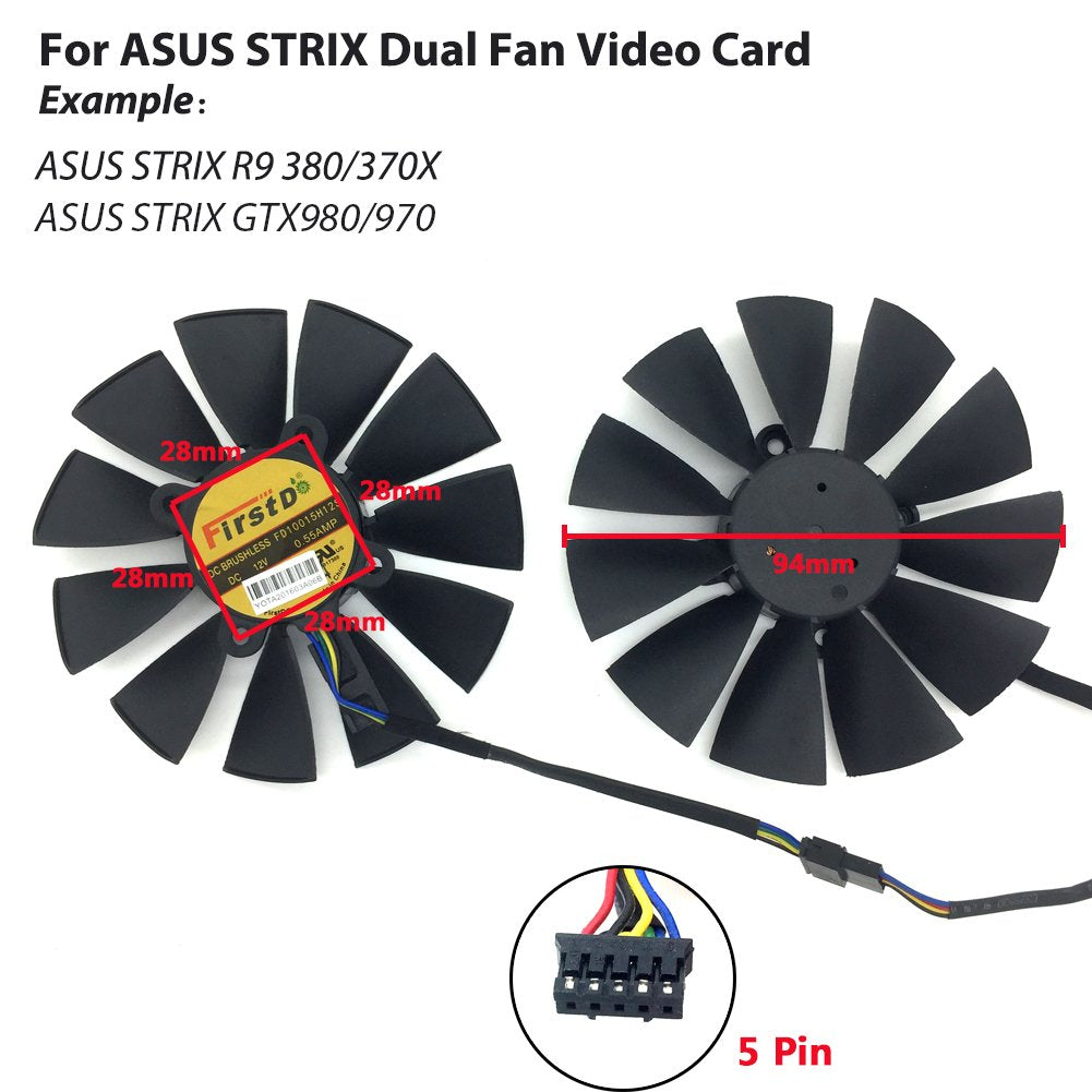 2 Pcs/lot 94mm DC 12V 0.5A Video Card Dual Fan for ASUS STRIX R9 380/370X GTX980/970 T129215SU FD10015H12S Graphics Card Fan