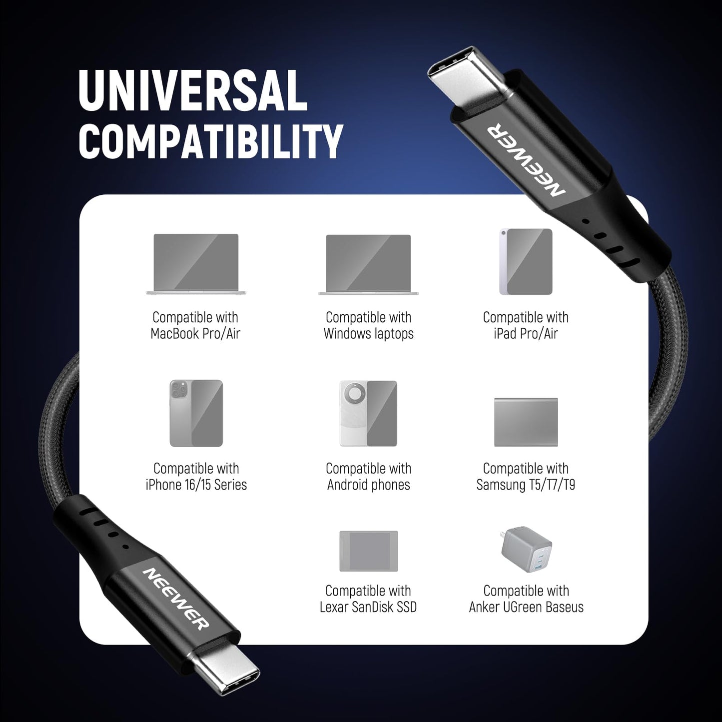 NEEWER 14"/35cm USB C to USB C Cable, USB 3.2 240W PD3.0 Fast Charging 40Gbps Braided Short Charger Cord Compatible with iPhone 16 15 iPad MacBook