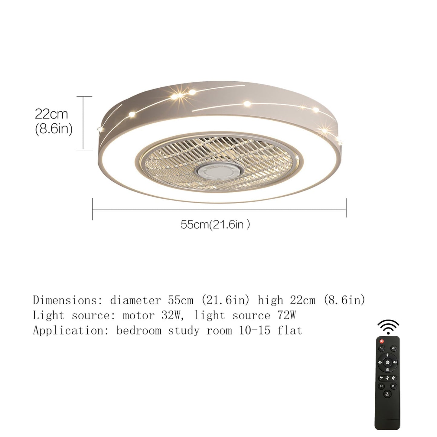 TFCFL 22" Ceiling Fan with Light, Modern Semi Flush Mount Invisible Chandelier Fan with Controller 3 Colors 3 Speed Hidden Blades Low Profile Fan