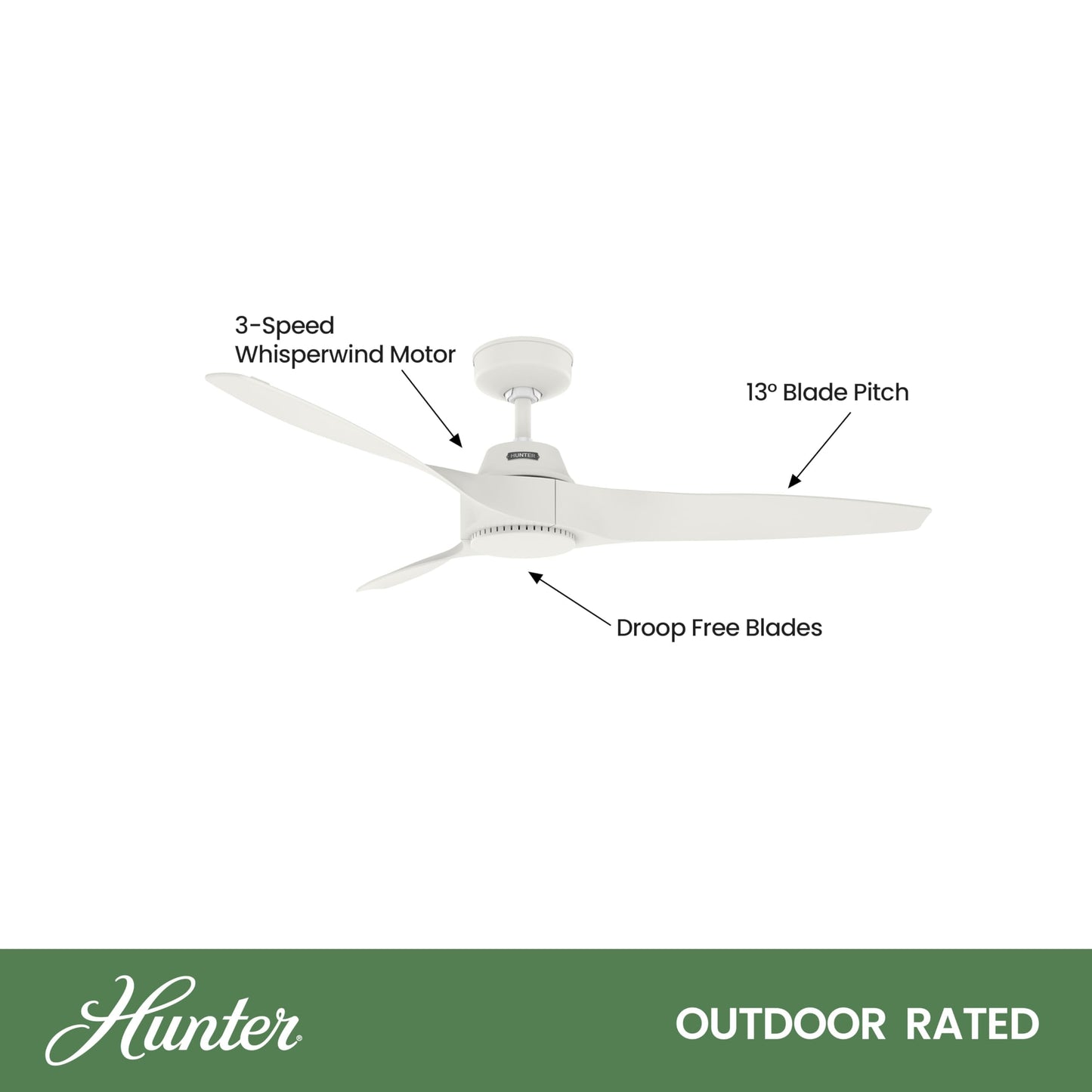 Hunter Fan 52 inch Ceiling Fan with No Light, Outdoor or Indoor White Ceiling Fan with 3 Blades for Porch, Living Room, Office, Kitchen, Garage