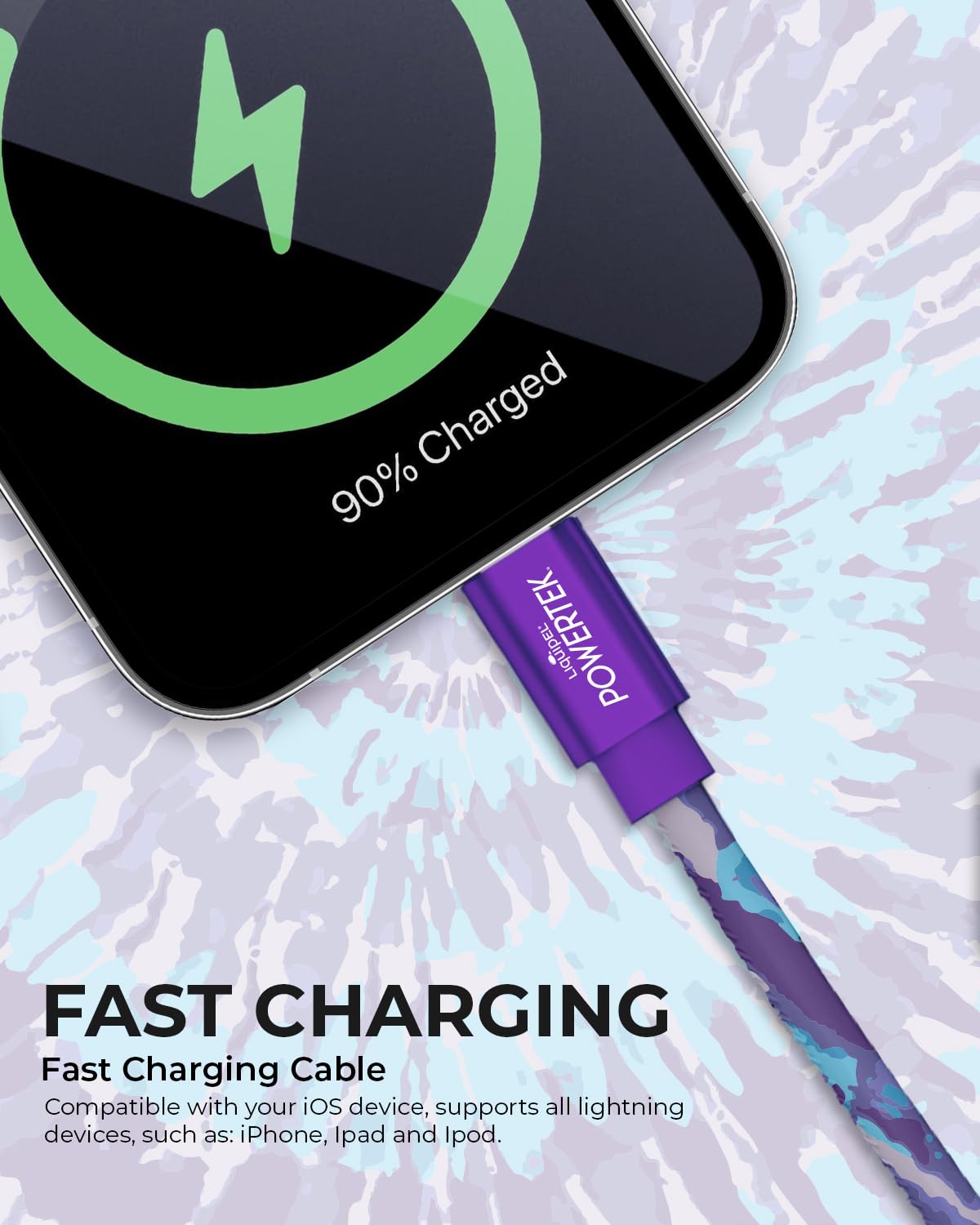 LIQUIPEL Powertek iPad & iPhone Lightning Charger Cable, Fast Charging 6ft MFI, Tie Dye Black (Purple)