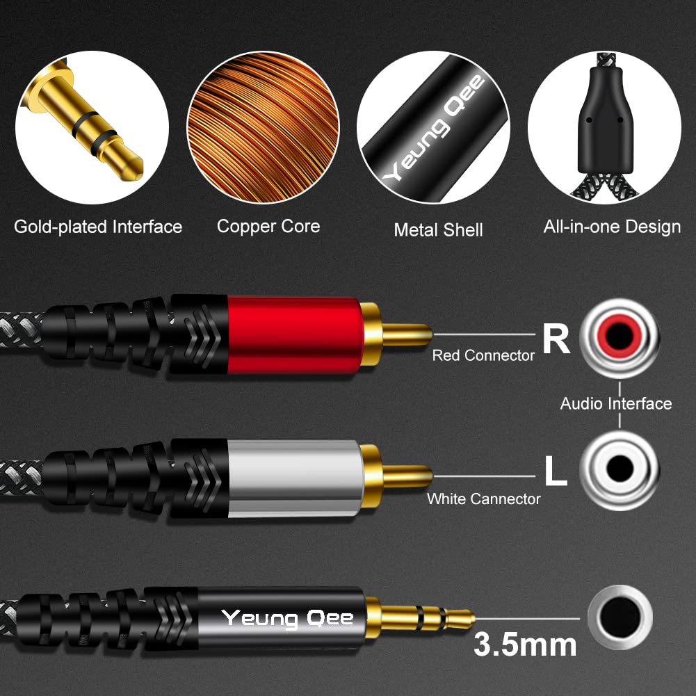 Yeung Qee 3.5mm to 2 RCA Audio Cable 1.5ft, Braided 3.5mm Male to 2RCA Male Stereo Audio Y Adapter Cable AUX RCA Splitter Cord Compatible