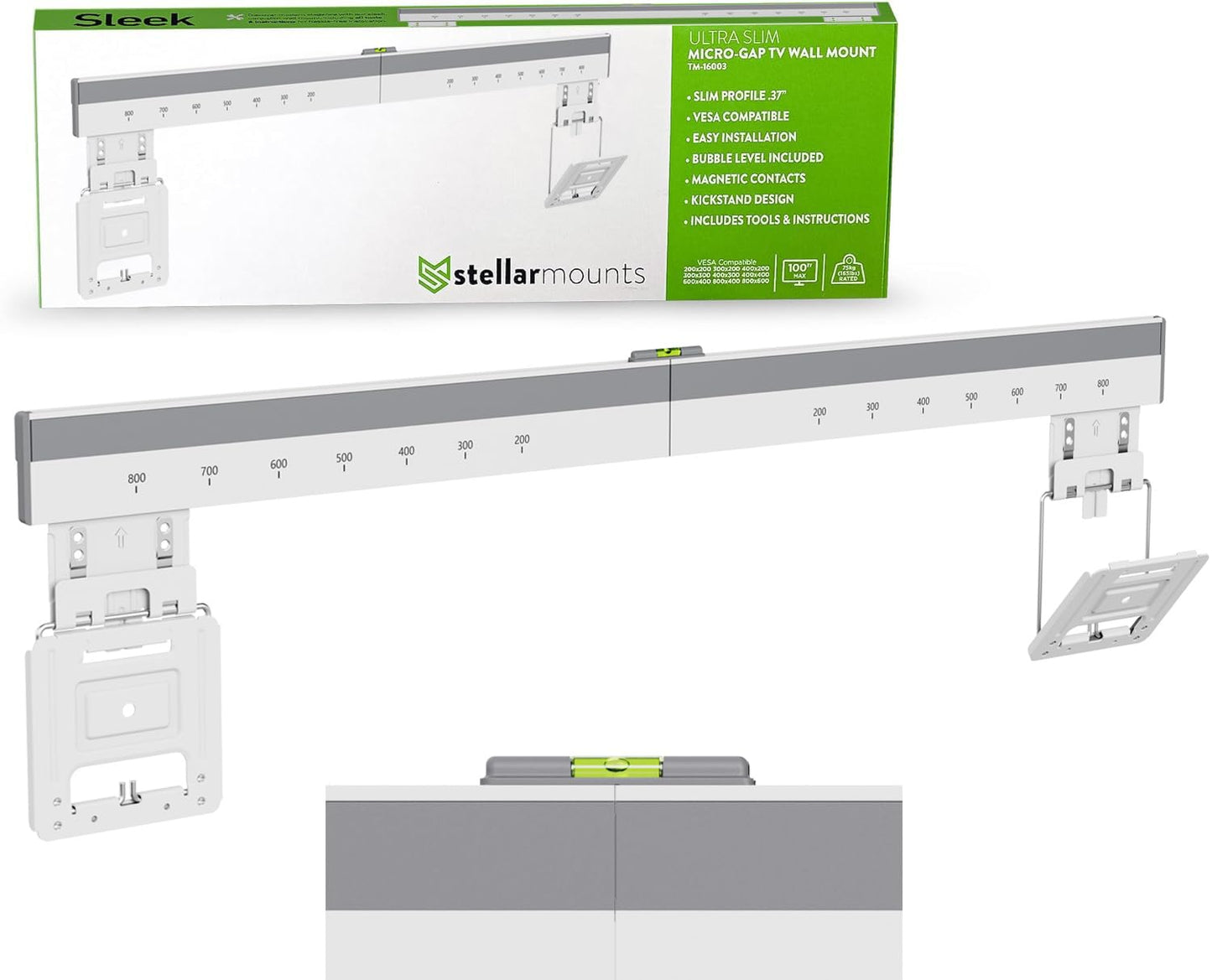 Ultra Slim Micro Gap Wall Mount for 43-100 inch TVs, Vesa 200x200-800x600, 165 lbs, Only.37 Profile, Kickstand, Magnetic Contacts, Tools & Bubble