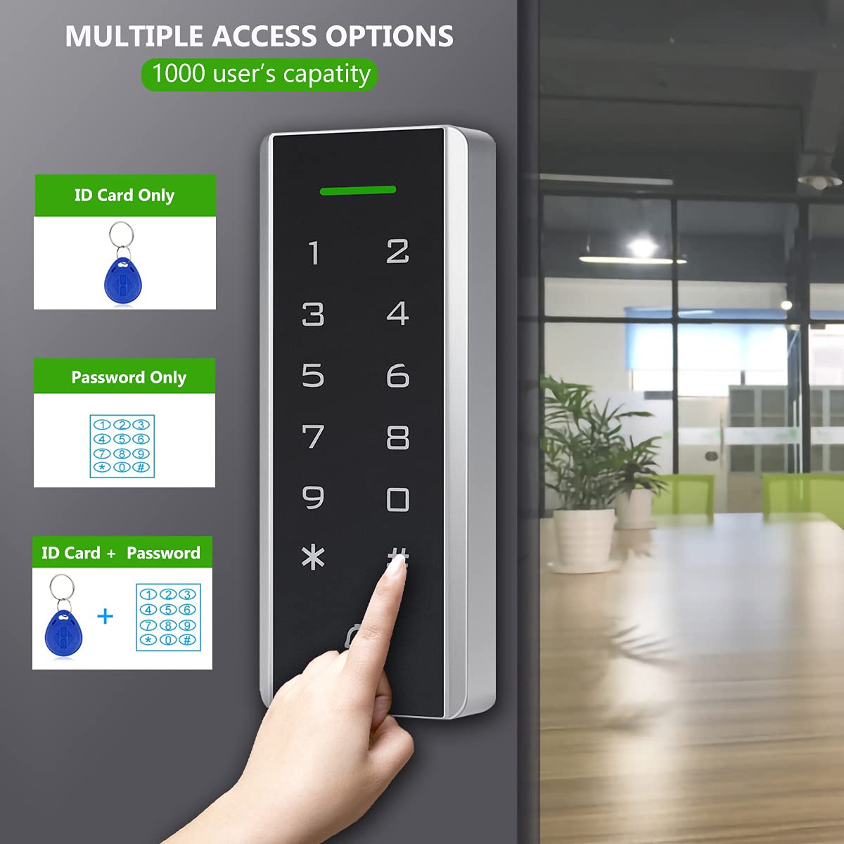 Door Access Control System, 125KHz Proximity ID Card Access Control Keypad Support 1000 Users ID Card Reader Digital Keypad + 5PCS Keychains for Entry