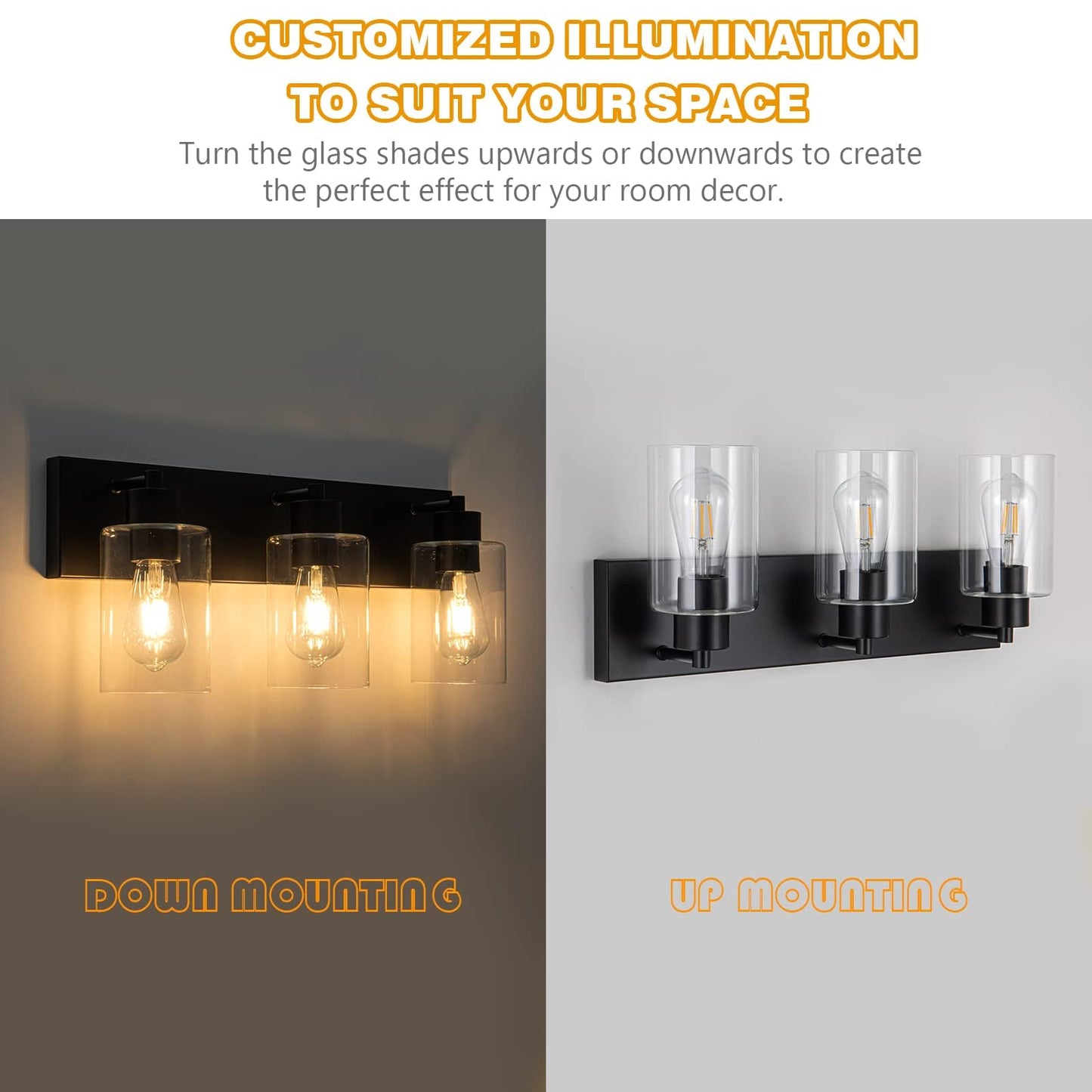 Chosenior 3-Light 22 Inch Matte Black Bathroom Vanity Light, Modern Farmhouse Wall Sconce Over Mirror with Clear Glass Shade E26 Base