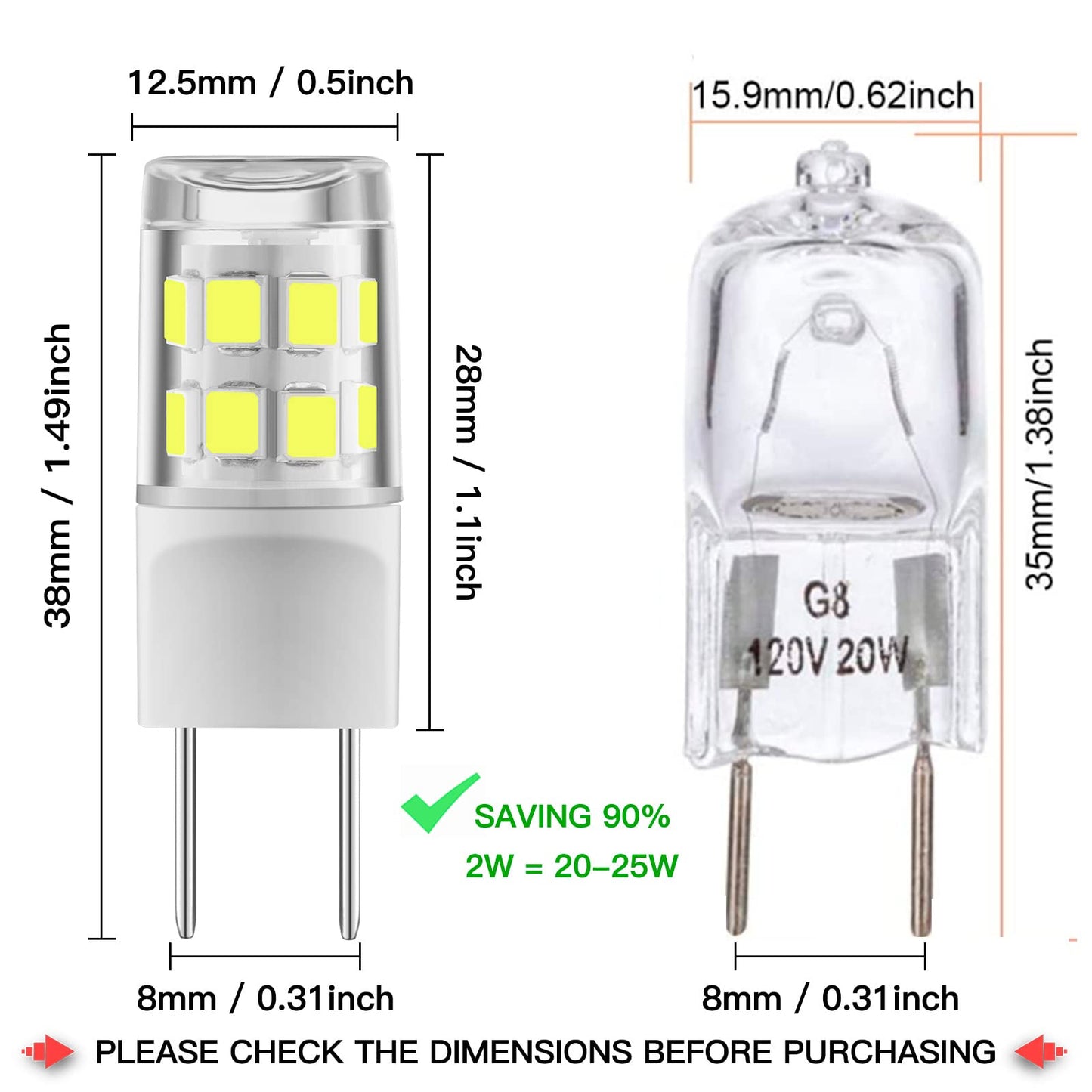 Sriomny G8 LED Bulb 2W Equivalent to 20W Halogen Bulb, T4 JCD Type Two-pin G8 Base, AC 120V G8 Natural White 4000K, Non-dimmable, Suitable for Cabinet