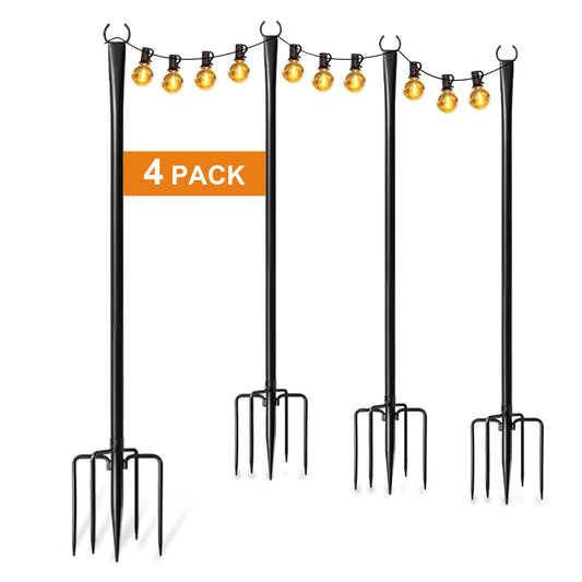 4 Pack String Light Poles for Outside, Thickened Metal Christmas Lights Hanger Pole Outdoor with Fork, Lighting Hanging Post Accessories for Patio