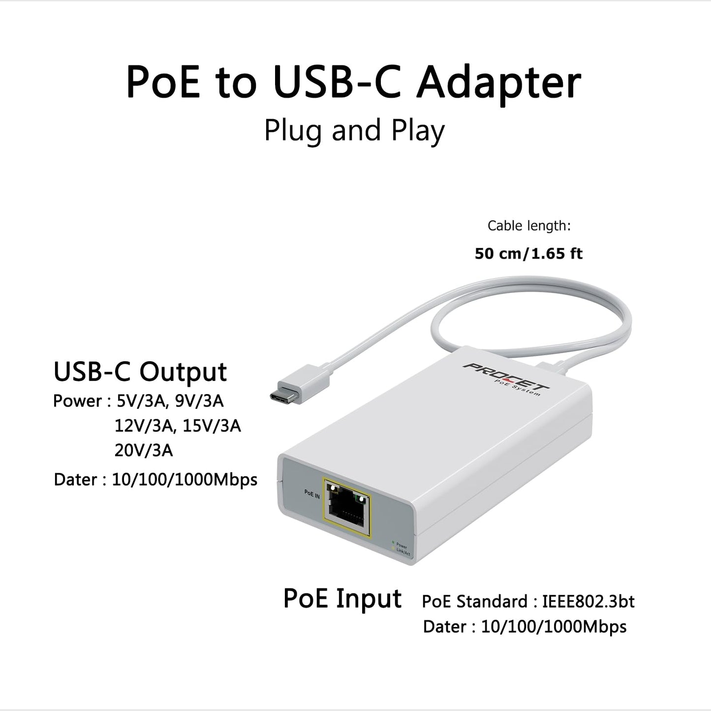 Gigabit PoE to USB C Converter for Smart Phone/Tablet, USB-C to Ethernet Adapter with 60W Charging, Power & Data 2-in-1 RJ45 Port to Type-C Adapter