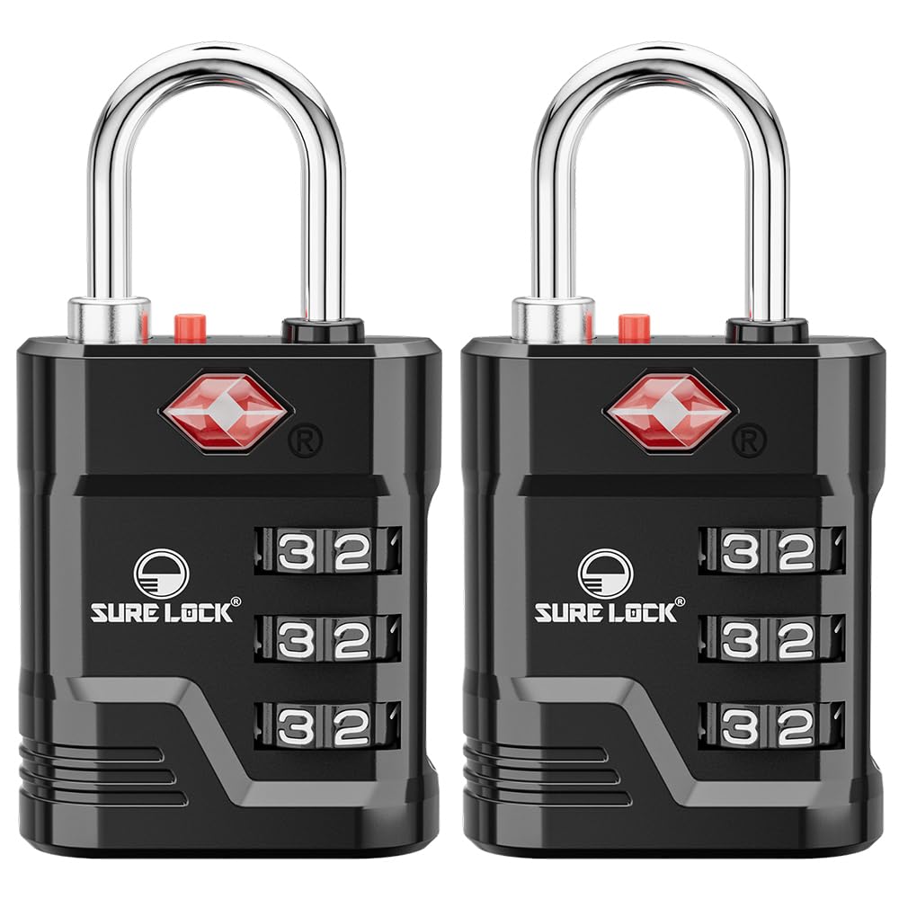 SURE LOCK TSA Approved Luggage Locks 2 Pack – High Security TSA008 with Open Alert, Easy-Read Dials, Zinc Alloy Padlocks for Suitcases & Gym (Black)