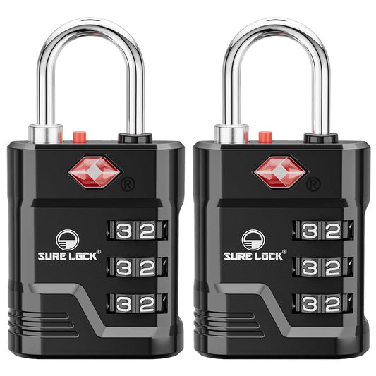 SURE LOCK TSA Approved Luggage Locks 2 Pack – High Security TSA008 with Open Alert, Easy-Read Dials, Zinc Alloy Padlocks for Suitcases & Gym (Black)