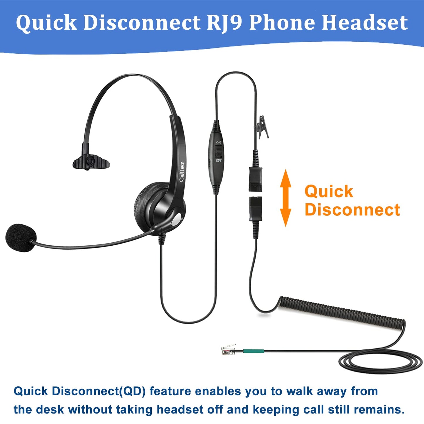 RJ9 Telephone Headset with Mic Noise Cancelling, Quick Disconnect Phone Headset Compatible with Polycom VoIP VVX311 VVX411 VVX250 Plantronics S12 T110