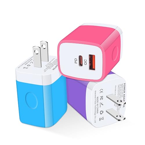 USB C Wall Charger, 2-Ports 20W USB A and USB C Charger Block [PD/QC 3.0], 3Pack USB-C Power Wall Plug Adapter Brick for iPhone 17/16/15/14/13/12/Pro