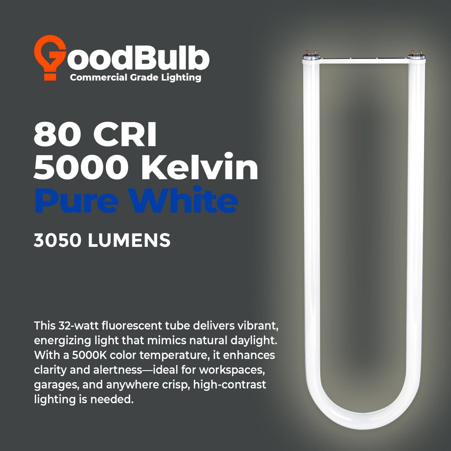 GoodBulb 32W T8 U Bend Fluorescent 6" Tube, 5000K Daylight Medium Bi-Pin Base, 3050 Lumens 85 CRI 24000 Life Hours 32 Watts, Car Dealership Lighting