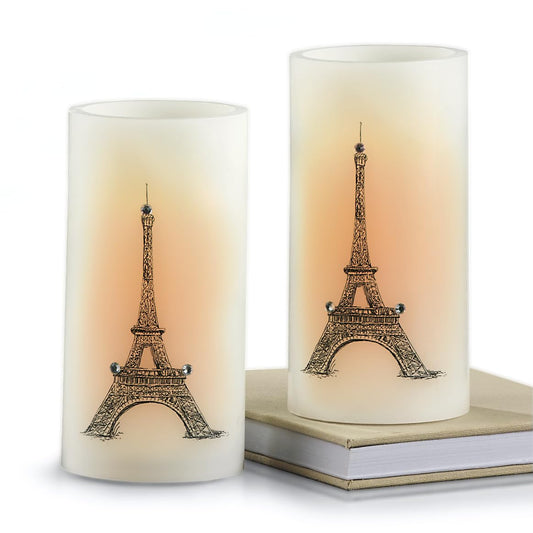 SAGEFINDS Eiffel Tower LED Candles, Set of 2, Flameless Real Wax Pillar Candles, Battery Operated, 6” x 3”