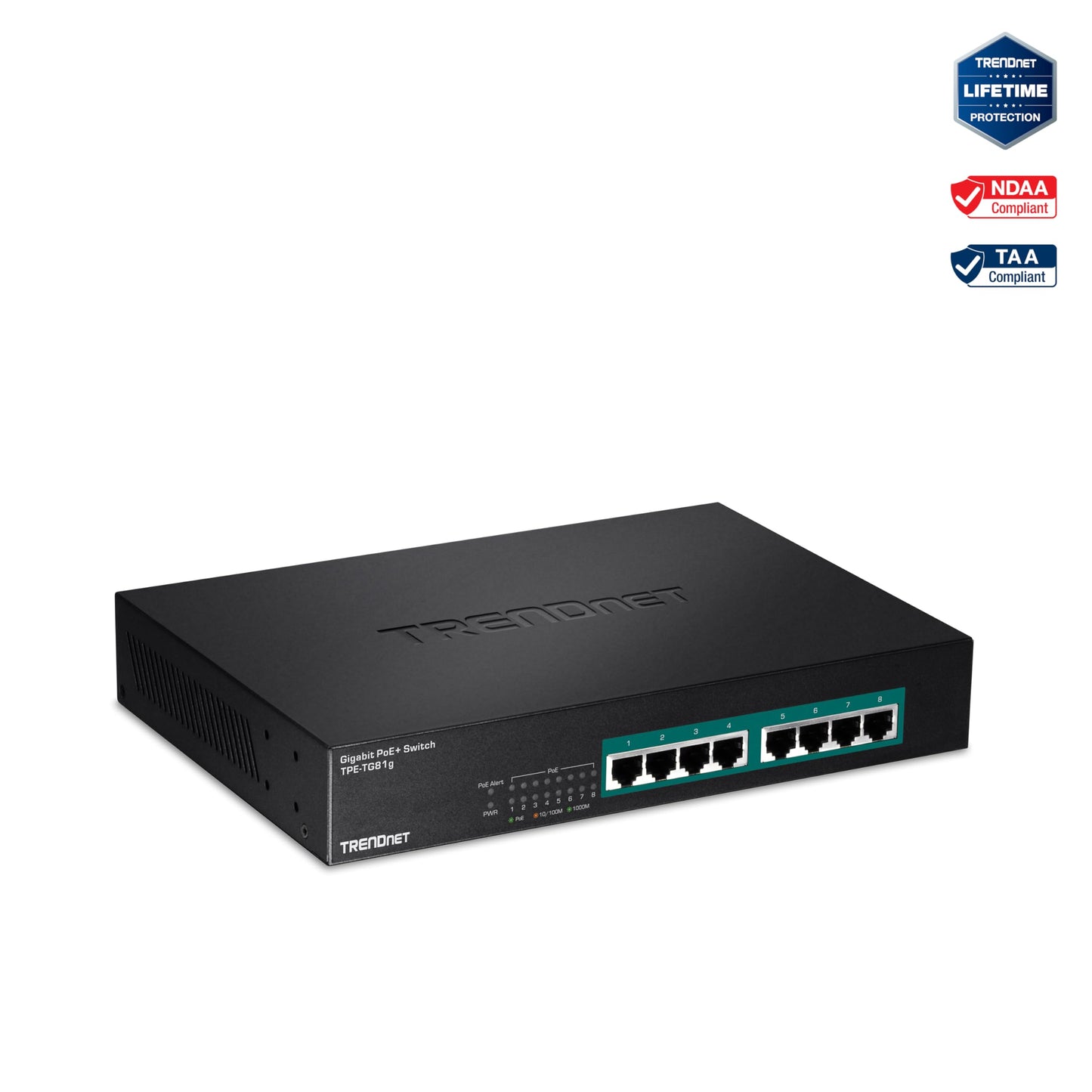TRENDnet 8-Port Gigabit GREENnet PoE+ Switch, TPE-TG81g, 8 x Gigabit PoE+ Ports, Rack Mountable, Up to 30 W Per Port with 110 W Total Power Budget