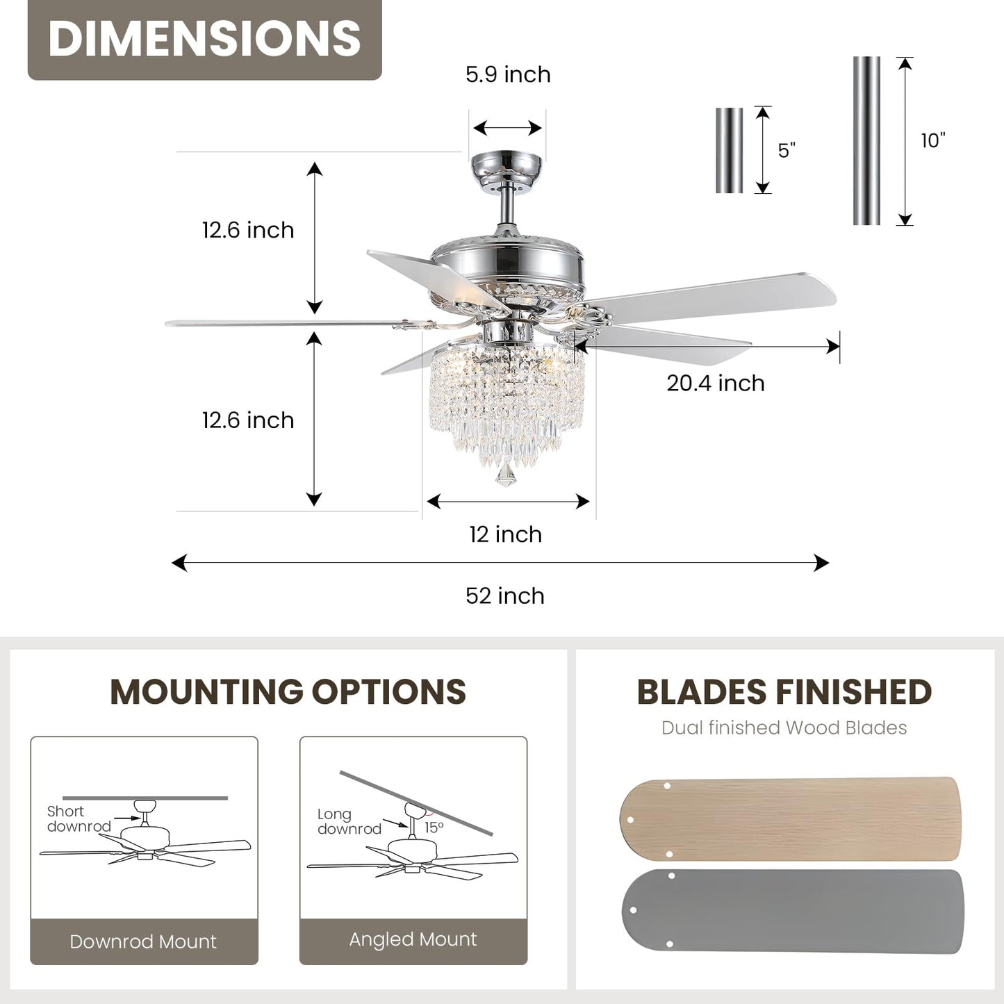 MOOONICHE 52" Modern Fandelier, Crystal Ceiling Fan with Lights and Remote, Sliver Elegant Chandelier Fan Light with 5 Wooden Dual-Sided Blades