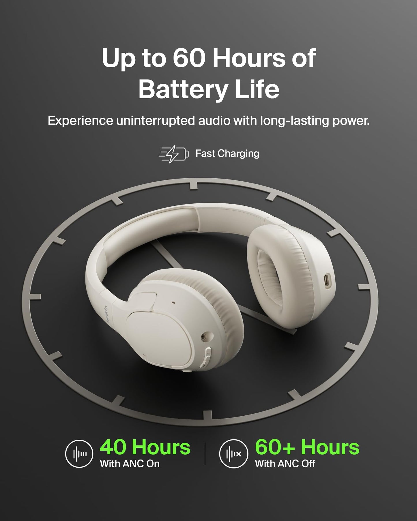Belkin SoundForm Isolate Bluetooth Over-Ear Headphones - Hybrid Active Noise Cancelling Headphones - Wireless w/ 60H Playtime, Fast Charging…