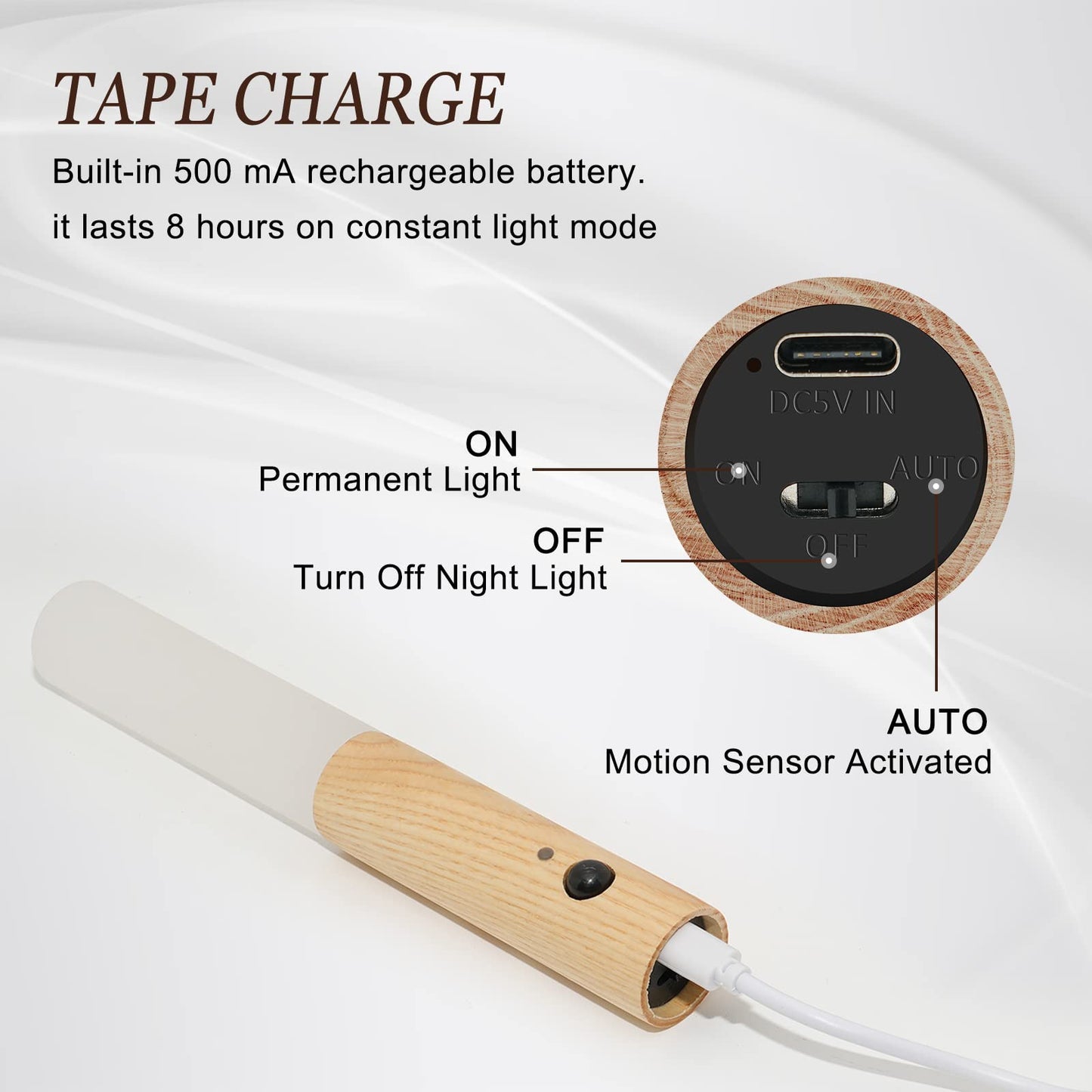 FR.Tooc Motion Sensor Wall Sconces, Smart Portable Sensor Night Light Wood USB Rechargeable Magnetic Night Light (White Ash Wood 2PCS)