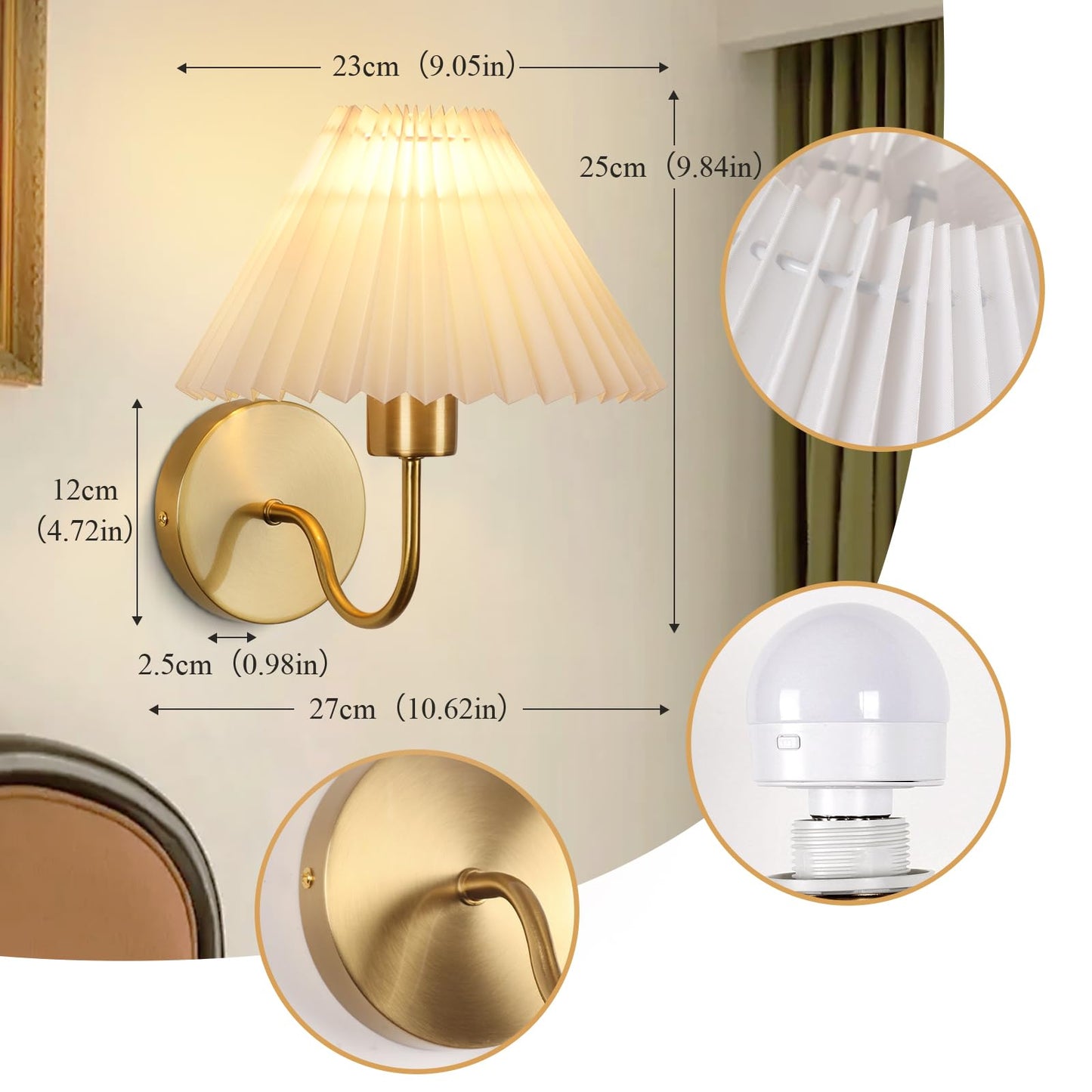 ADISUN Wall Sconces Sets of 2 RGB Battery Operated Wall Sconces for Bedroom Dresser Classic Golden Wall Lamp with Remote for Living Room Bathroom