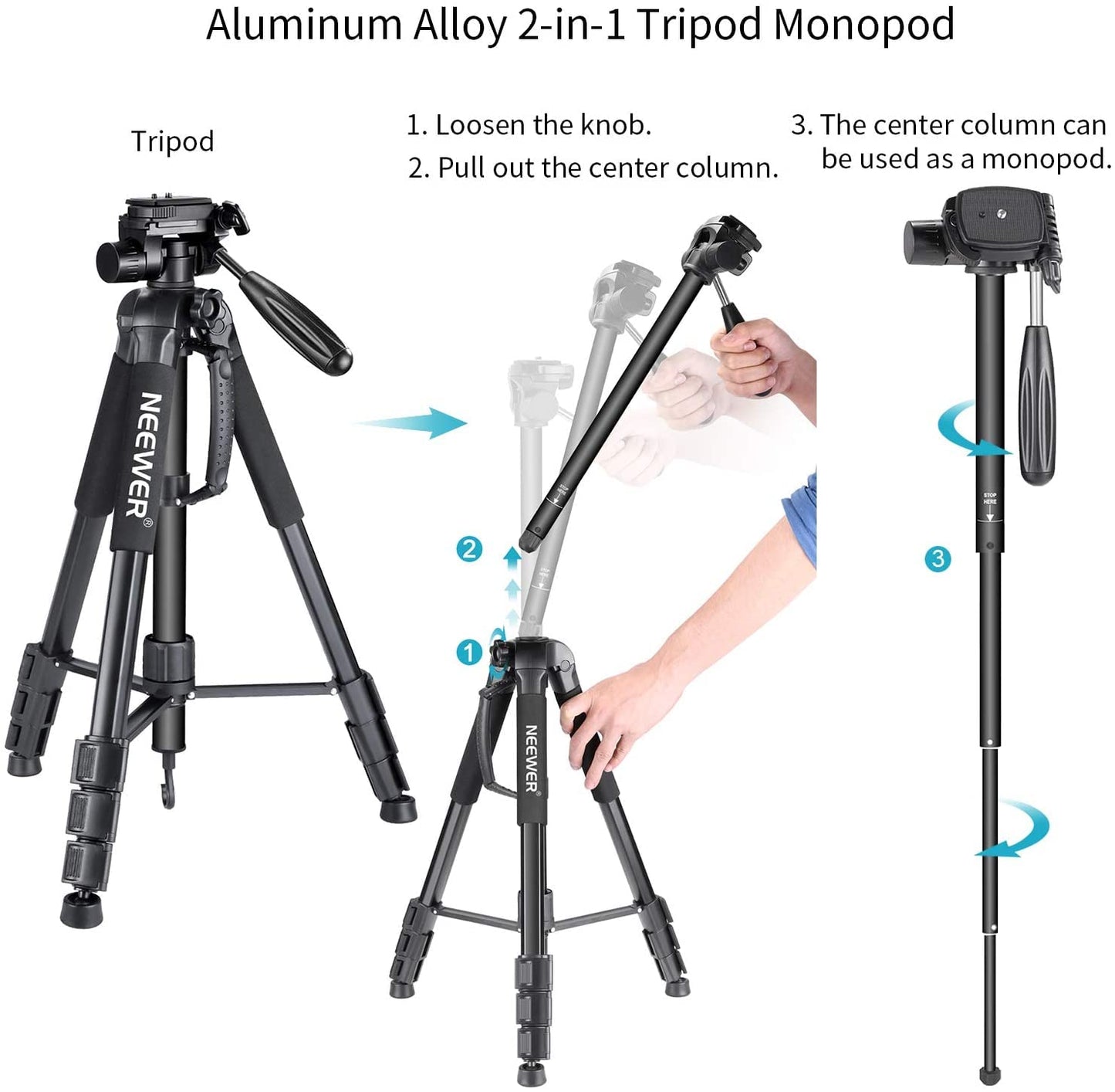 NEEWER Portable Aluminum Alloy Camera 2 in 1 Tripod Monopod Max. 70"/177cm with 3 Way Swivel Pan Head and Carrying Bag for DSLR, DV Video Camcorder