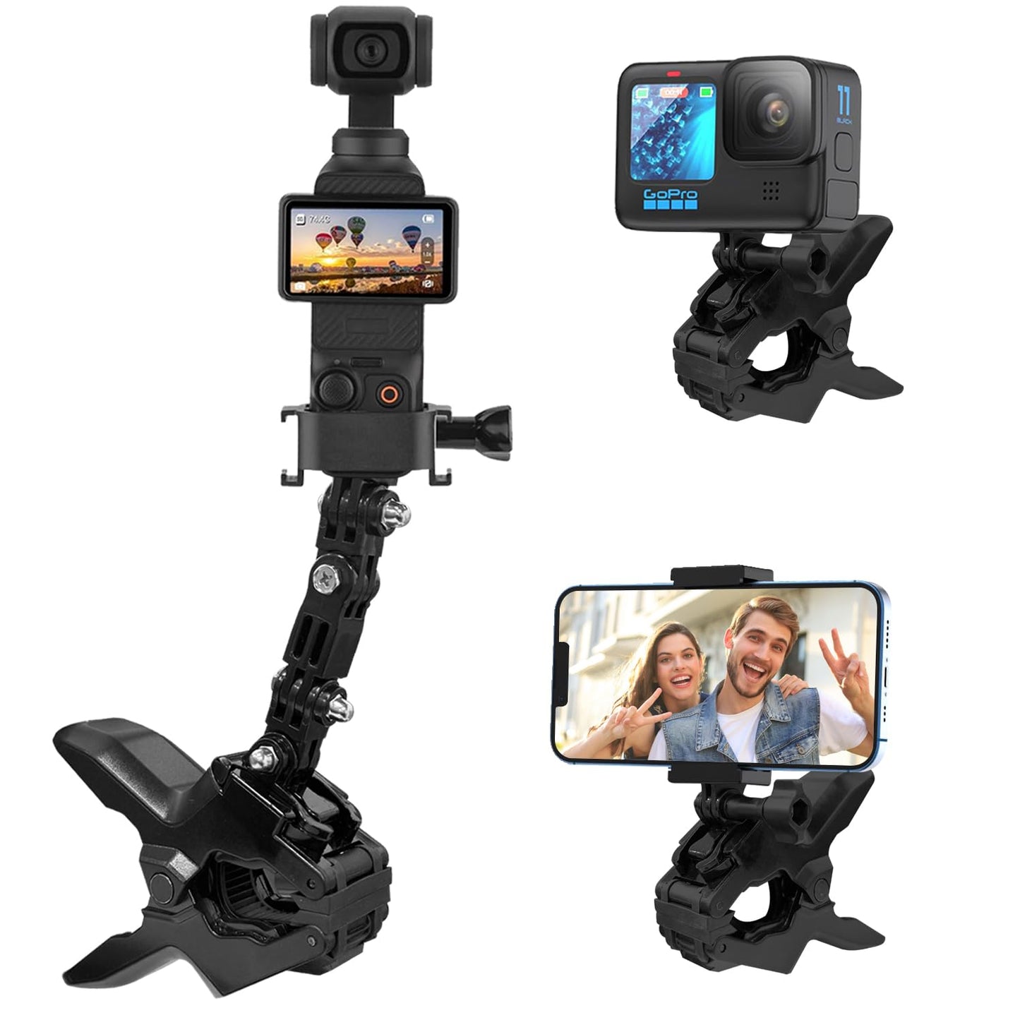 Jaws Flex Clamp Mount Adjustable Camera Clip Mount Fence Mounts for DJI Osmo Pocket 3 2 Action 5 4 3, for GoPro Hero 13, 12, 11, 10, 9, 8, 7, 6, 5, 4