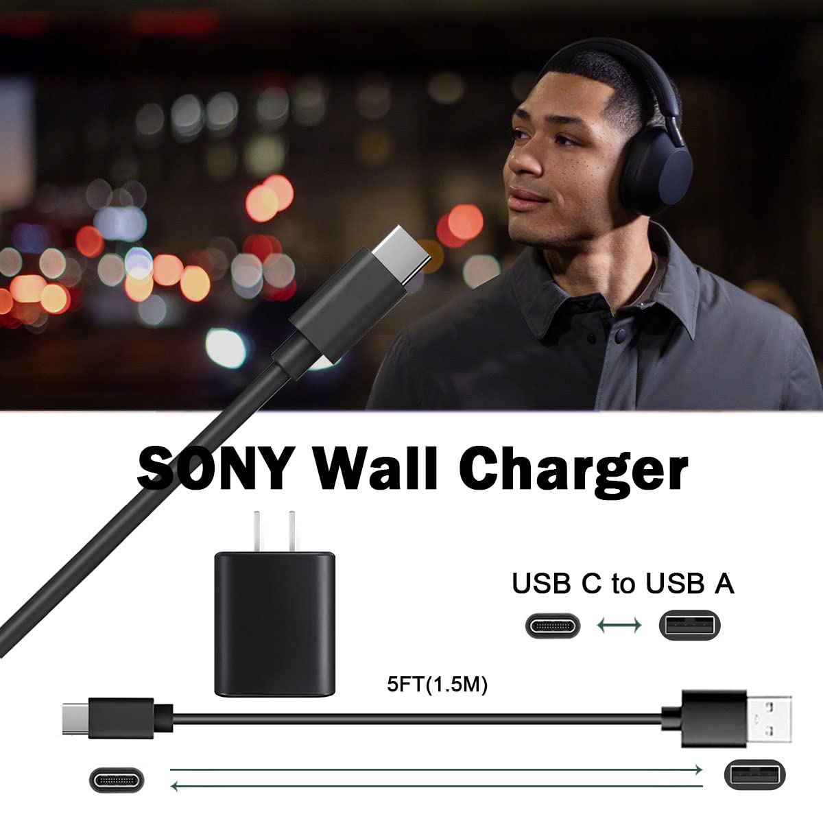 Charger Cable for Sony WH-1000XM5 1000XM4 1000XM3, WHCH710N, H910N WF-1000XM4 1000XM3, C500 WI-1000XM2 C200 XB400 SRS-XB13 XB23 Portable Speaker