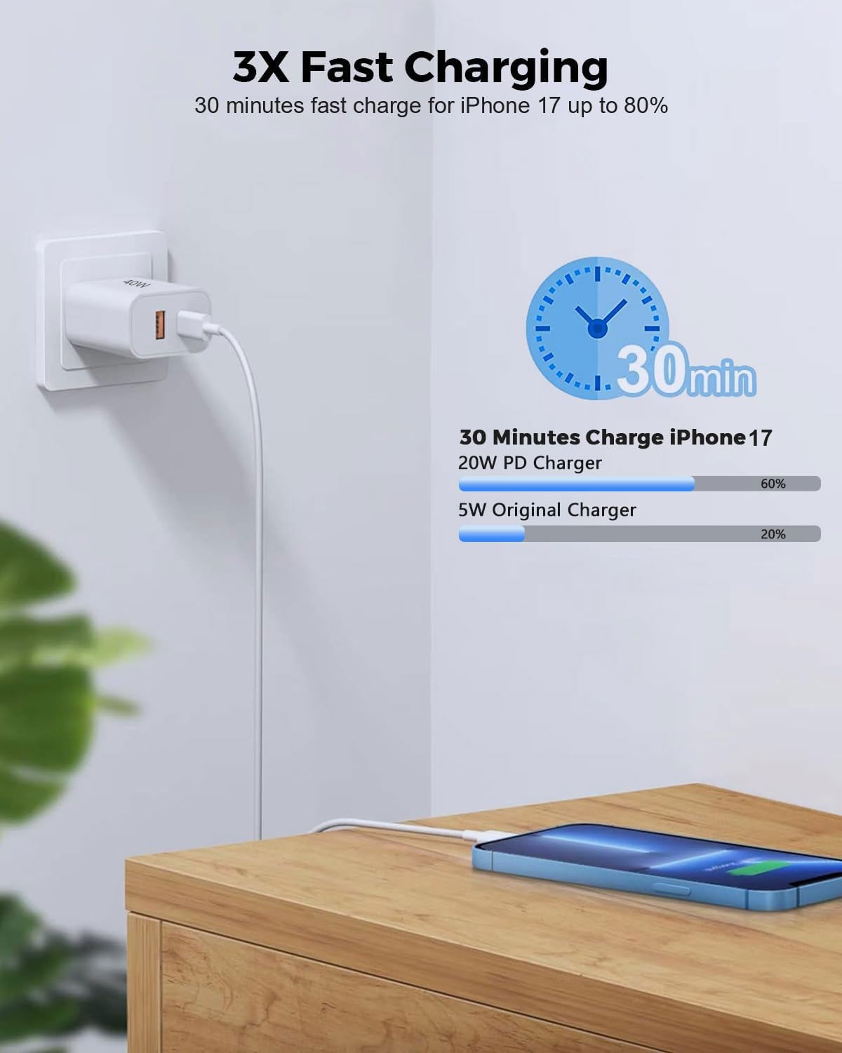 40W Fast Charging kit, 2 Pack wall Charger with USB-C and USB-A Ports and 6-Foot Type-C to Type-C Data Cable, Suitable for iPhone 17/17 Pro/17 Pro