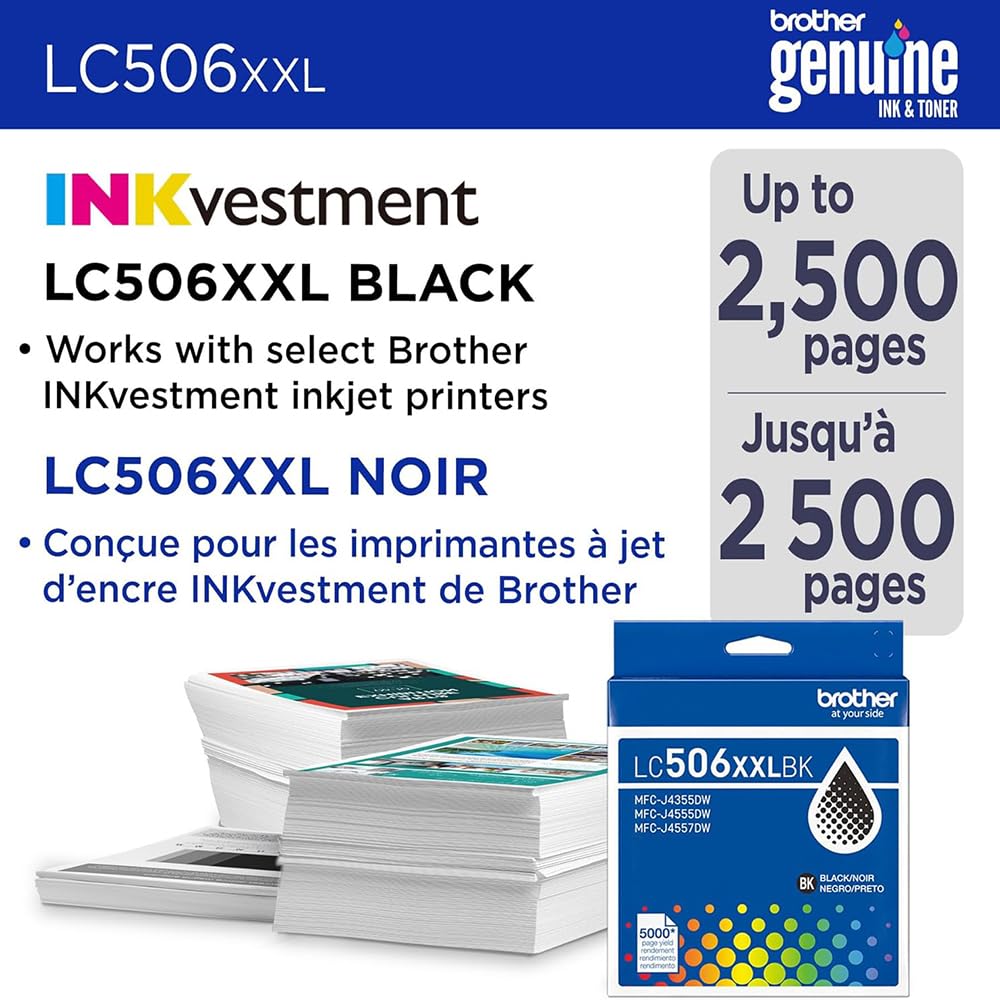 Brother Genuine LC506XXLBKS Black Super High-Yield Ink Cartridge, Up to 5,000 Pages Bundle with Deco Essentials Printer eBook for MFC-J4555DW