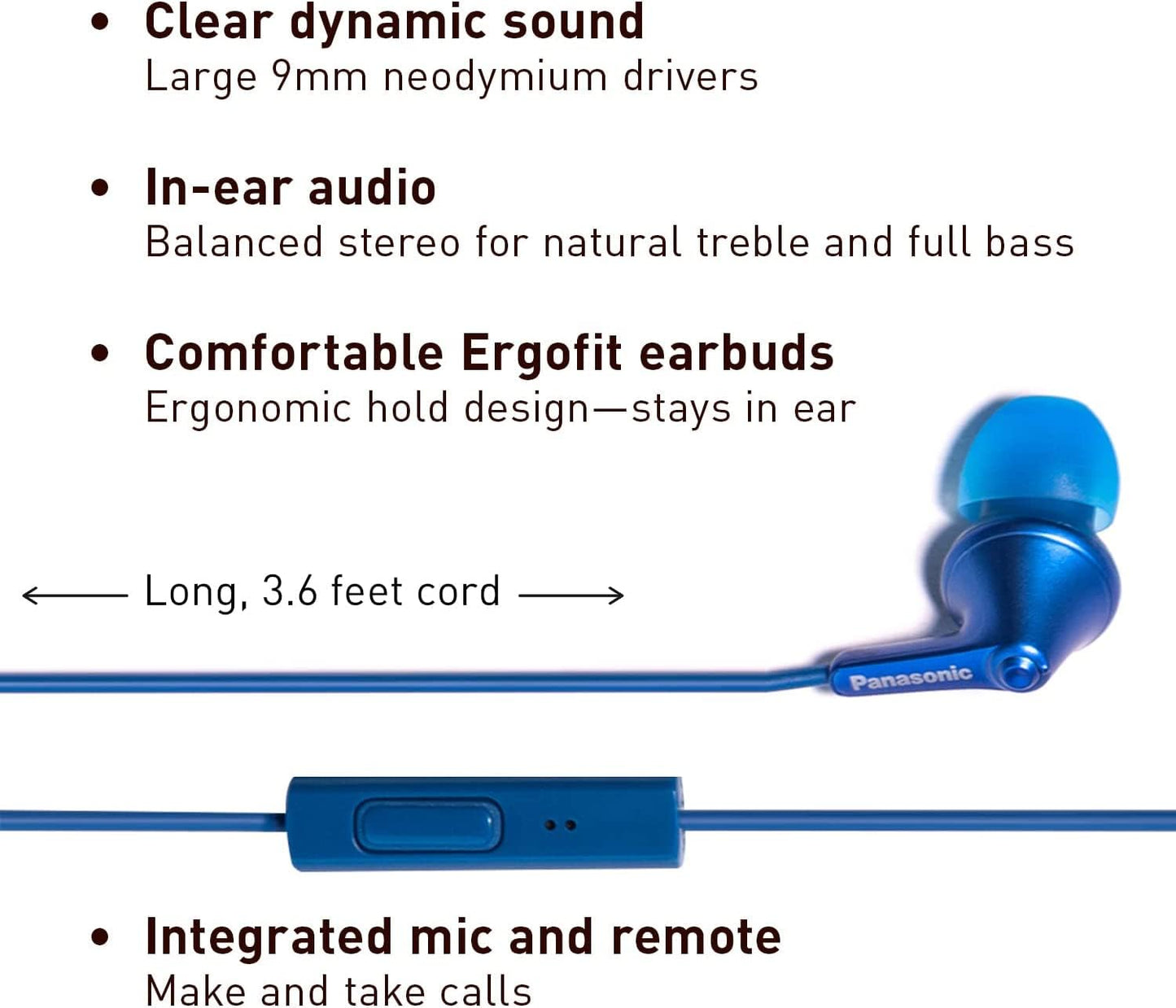 Panasonic ErgoFit Wired Earbuds with Microphone, 3.5mm Jack Headphones with Mic and Call Controller, Ergonomic Custom-Fit Earpieces (S/M/L),