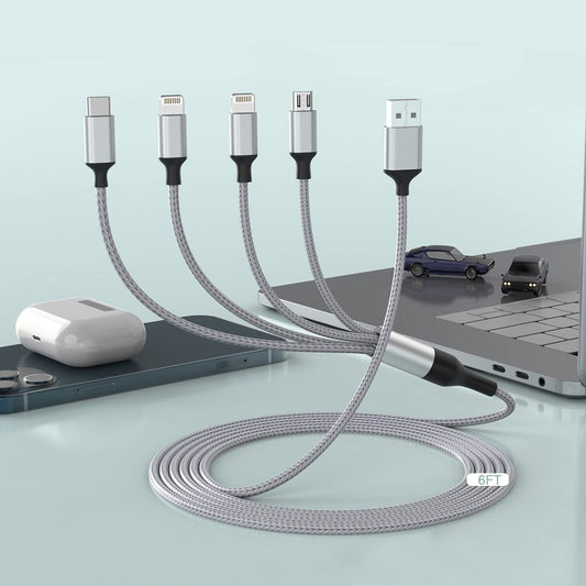 1.8M/6Ft Multi 4 in 1 USB Long Universal iPhone Charging Cable?Lightning2+Type C+Micro USB Nylon Braided Phone Charger Cord Connector Adapter…