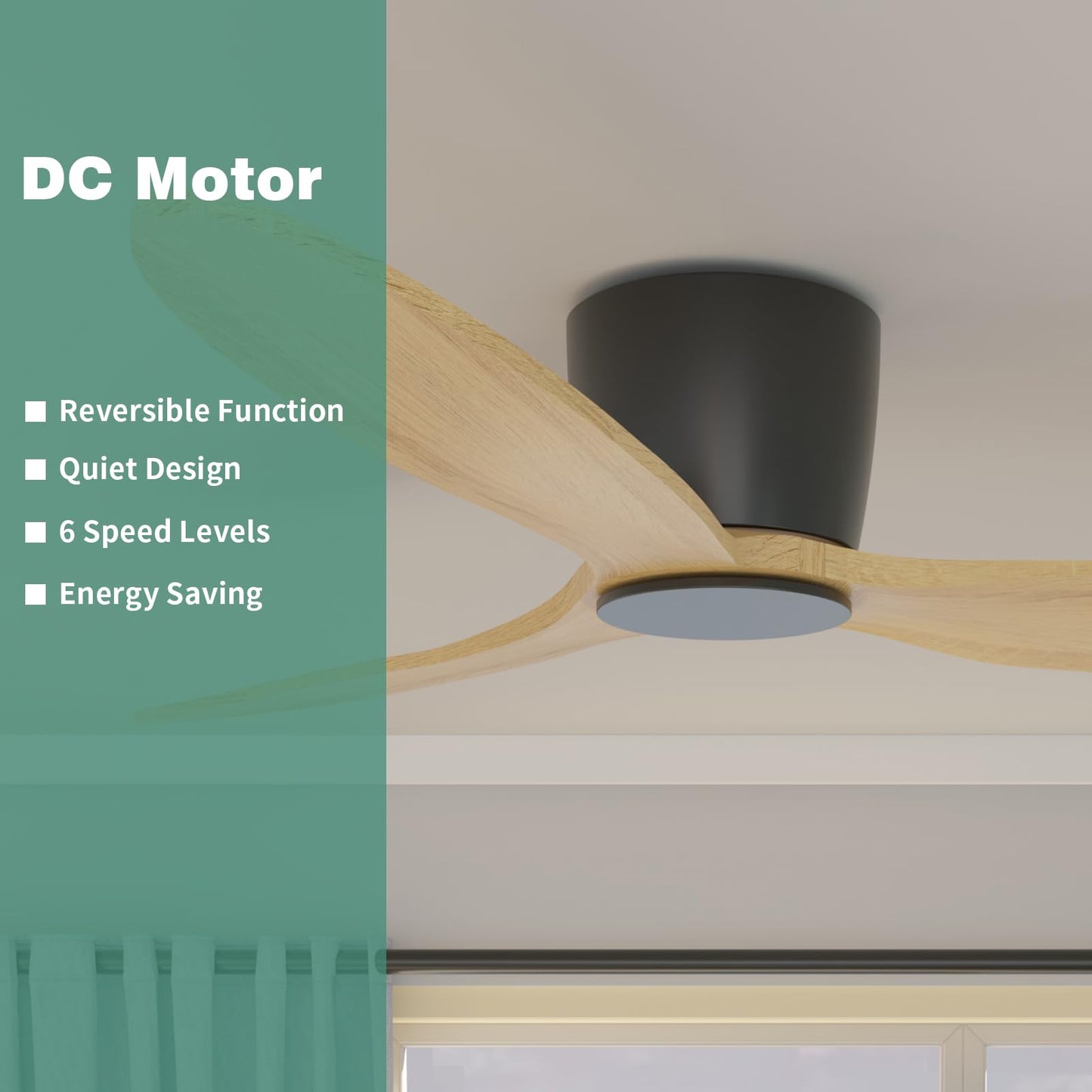 OUATER 52 Inch Natural Wood Ceiling Fan No Lights, Flush Mount