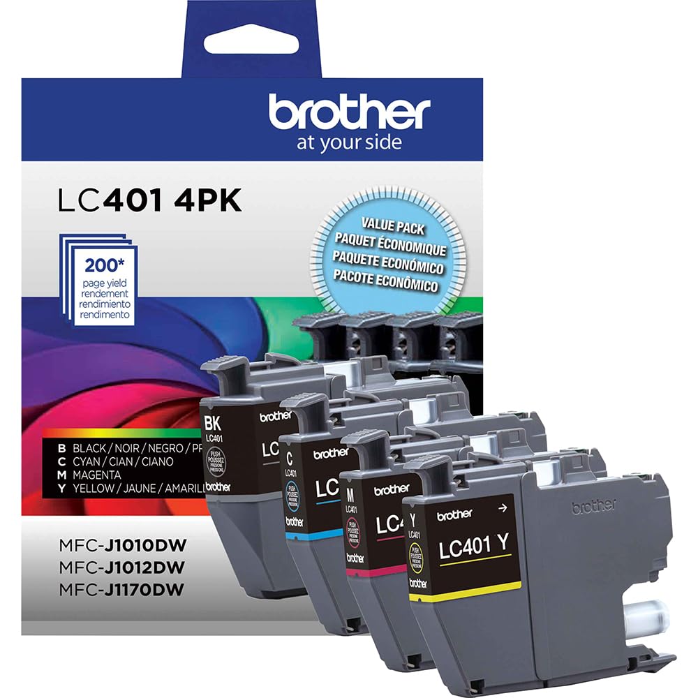 Brother Genuine LC401 4-Pack Color Standard Yield Ink Cartridge (Black, Cyan, Magenta, Yellow) Bundle with Deco Essentials Printer eBook