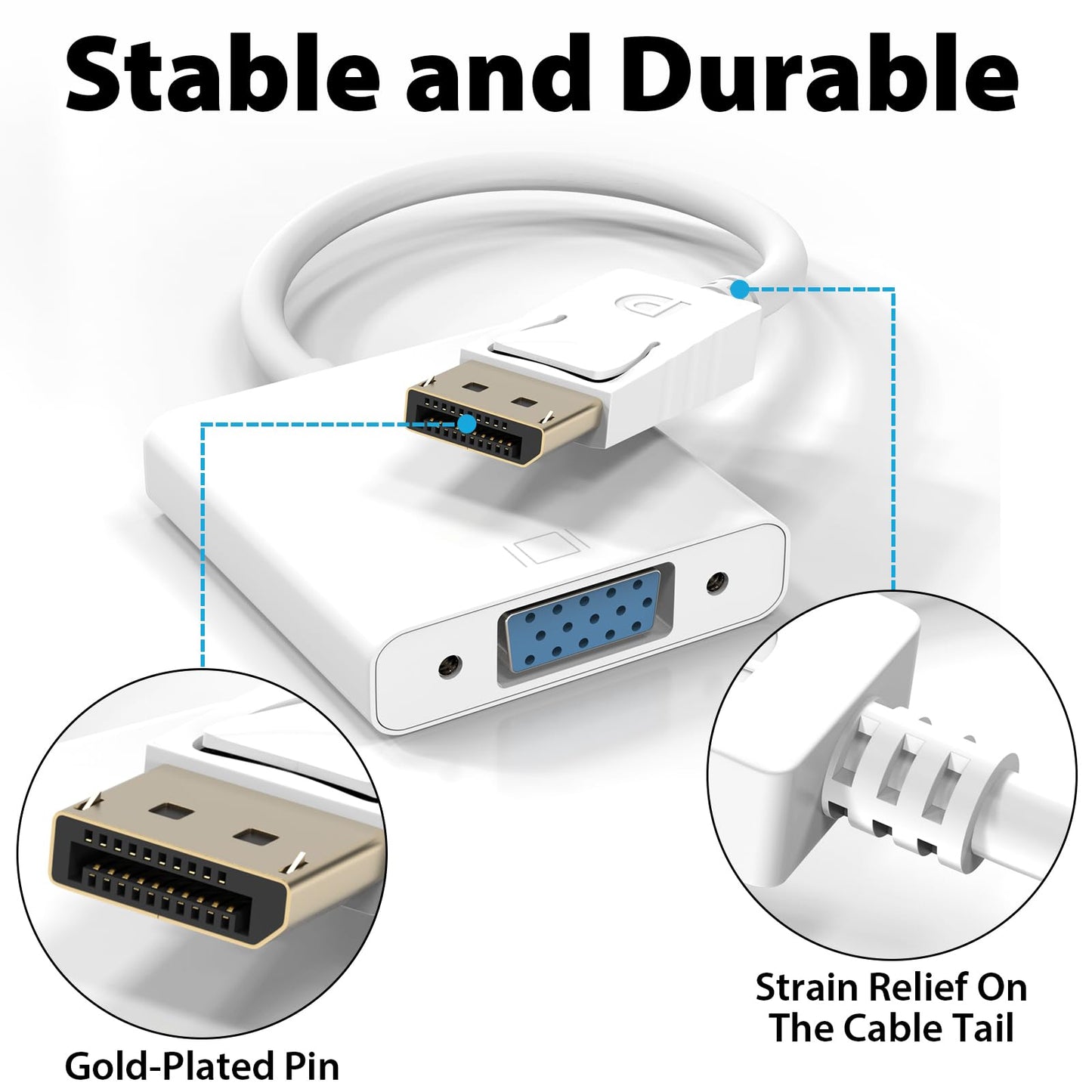 Cyberguys! DisplayPort (DP) to VGA Cable Adapter - 1080P DP Male to VGA Female Converter for Monitor Projector HDTV - Gold-Plated, Secure-Latch