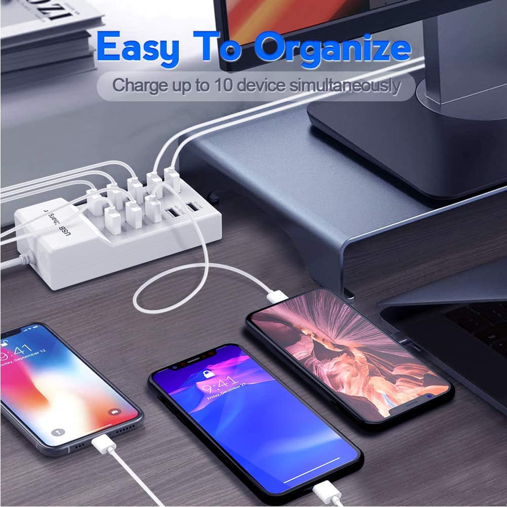 10-Port USB Wall Charger Station with Rapid Charging Auto Detect Technology Safety Guaranteed Family-Sized USB Ports for Multiple Devices Smart Phone