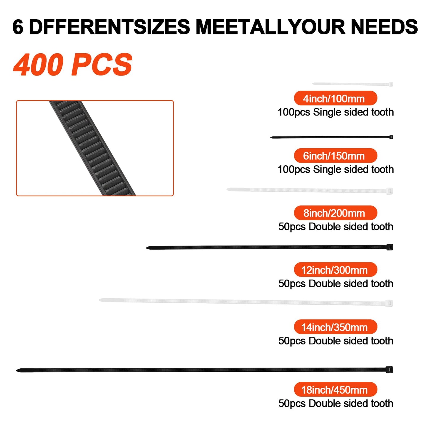 Zip Ties Assorted Size,4+6+8+12+14+18 Inch Double Sided Toothed,100 LBS Tensile Strength Heavy Duty Cable Wire Ties With Self-Locking Adjustable