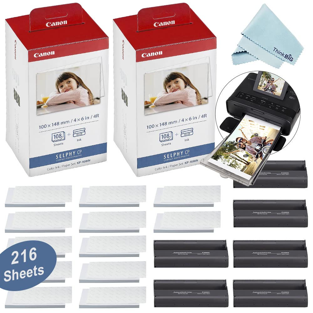 Canon SELPHY CP1300 Compact Photo Printer Black + 2X KP-108IN Color Ink & Paper Set 216 Sheets Value Bundle with USB Cable + More Accessories Kit