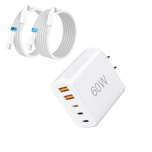 60W 5 in 1 USB C Charger Block, 2A Multiport Type C Charger Fast Charging Wall Plug with 4FT & 6FT USB C Cable, Fast Charging Block for iPhone