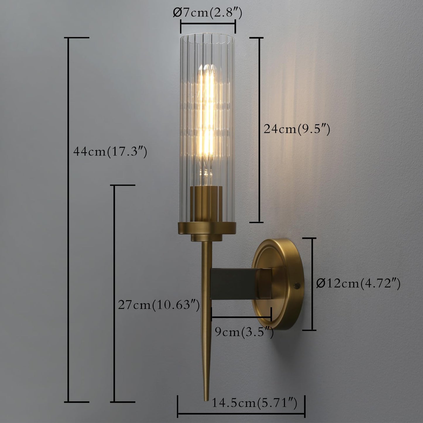 PERMO Vintage Antique Sconces Brass Gold Single Wall Sconce Light Fixture with 2.8" Cylindrical Clear Glass Shade for Living Room Home Office Entryway