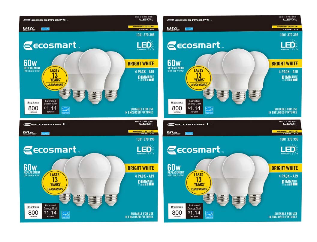 Ecosmart LED 60-Watt Equivalent A19 Dimmable Energy Star LED Light Bulb Bright White (3000K)(16-Pack)