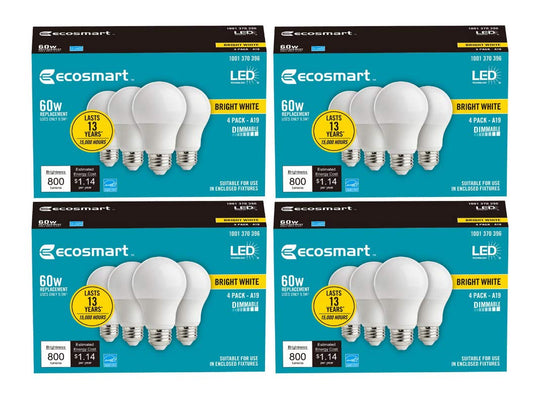 Ecosmart LED 60-Watt Equivalent A19 Dimmable Energy Star LED Light Bulb Bright White (3000K)(16-Pack)