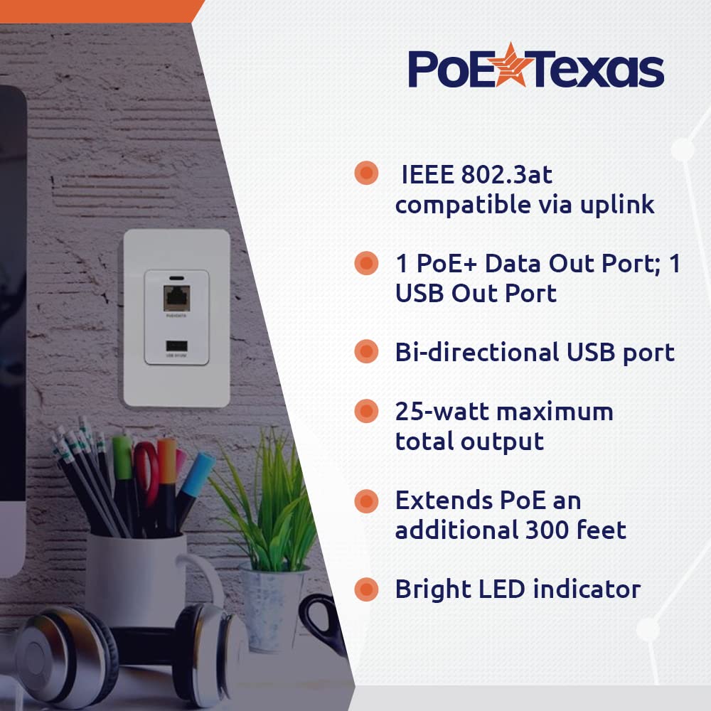 PoE Texas Gigabit PoE Splitter in-Wall USB Charging Port - Fast 5V USB Charging and RJ45 Power Over Ethernet Output for WiFi Internet Router, Camera