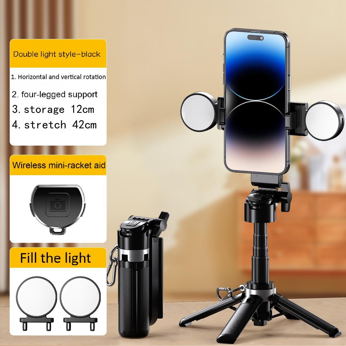 GripPic Mini Selfie Stick Tripod Stand for iPhone ?6-Section Adjustable Height Extension (12-42cm)?10 Meter Remote One Click Control ?Suitable