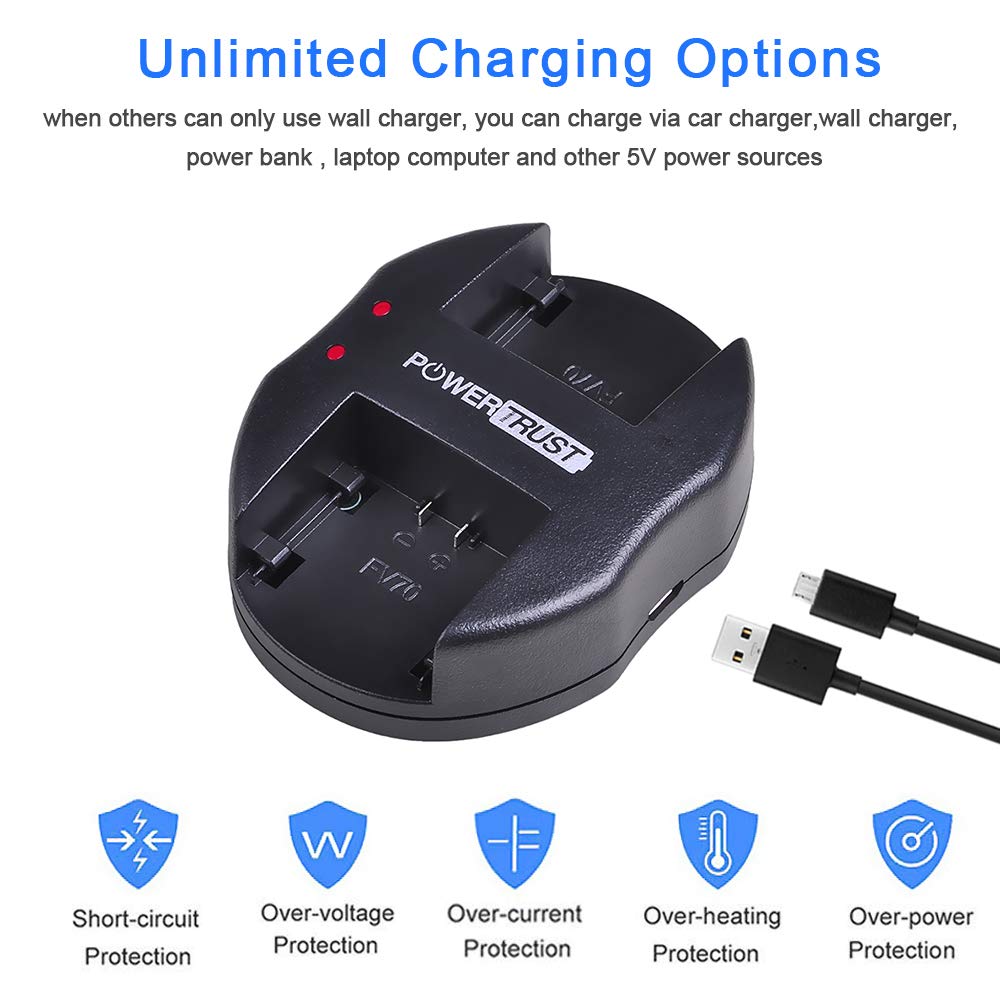 PowerTrust 2Pack NP-FH70 Battery + Dual USB Charger for Sony NP-FH50 NP-FH40 NP-FH30 NP-FH70 NP-FH100 A230 A330 A290 A380 DVD650 HC20 Batteries