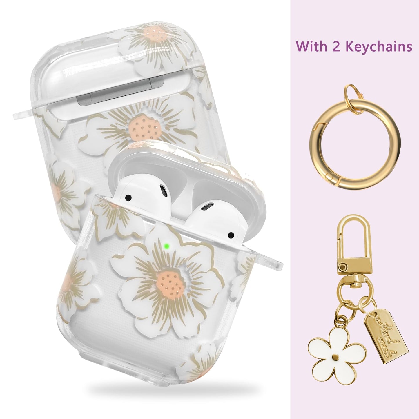 AIIEKZ Compatible with AirPods Case Cover, Soft TPU Case with Cute Flower Pattern for AirPods 2&1 Generation Case with Flower Keychain and Carabiner