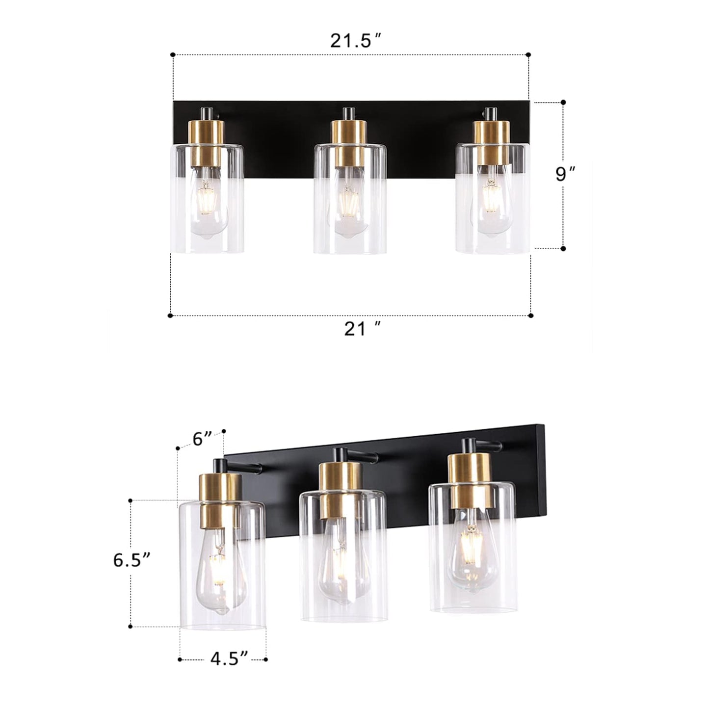 Chosenior 3-Light Black and Gold Bathroom Light Fixtures Over Mirror, Modern Vanity Lights with Clear Glass Shade Wall Sconce Lighting for Bathroom