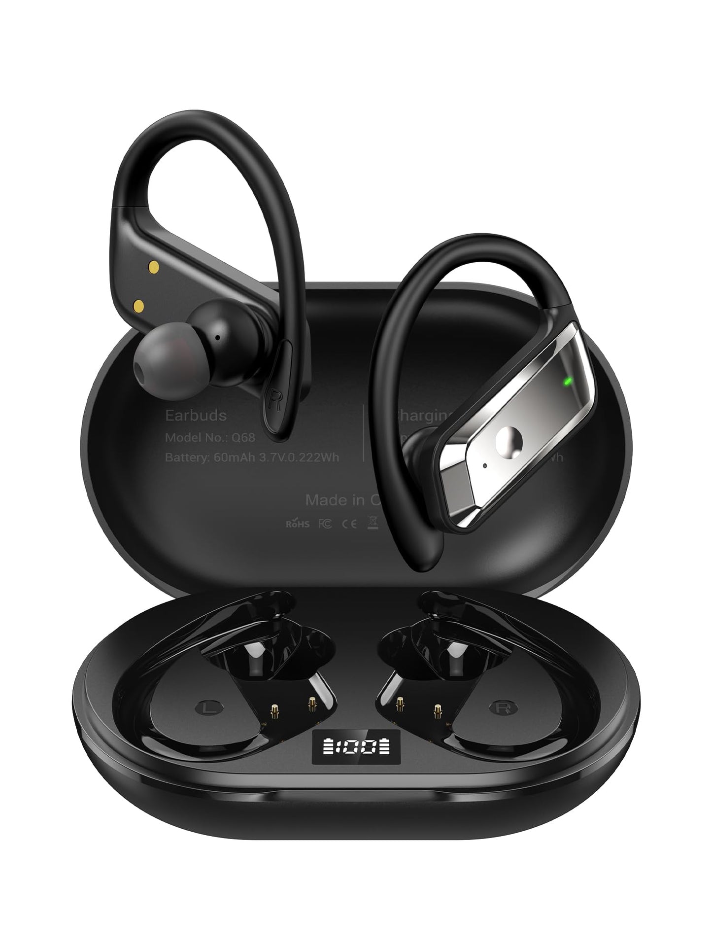 Dawntide Wireless Earbuds Sport Bluetooth 5.4 Headphones with Earhooks, 48H Playtime, LED Display, Low Latency Game Mode, IPX7 Waterproof Over-Ear