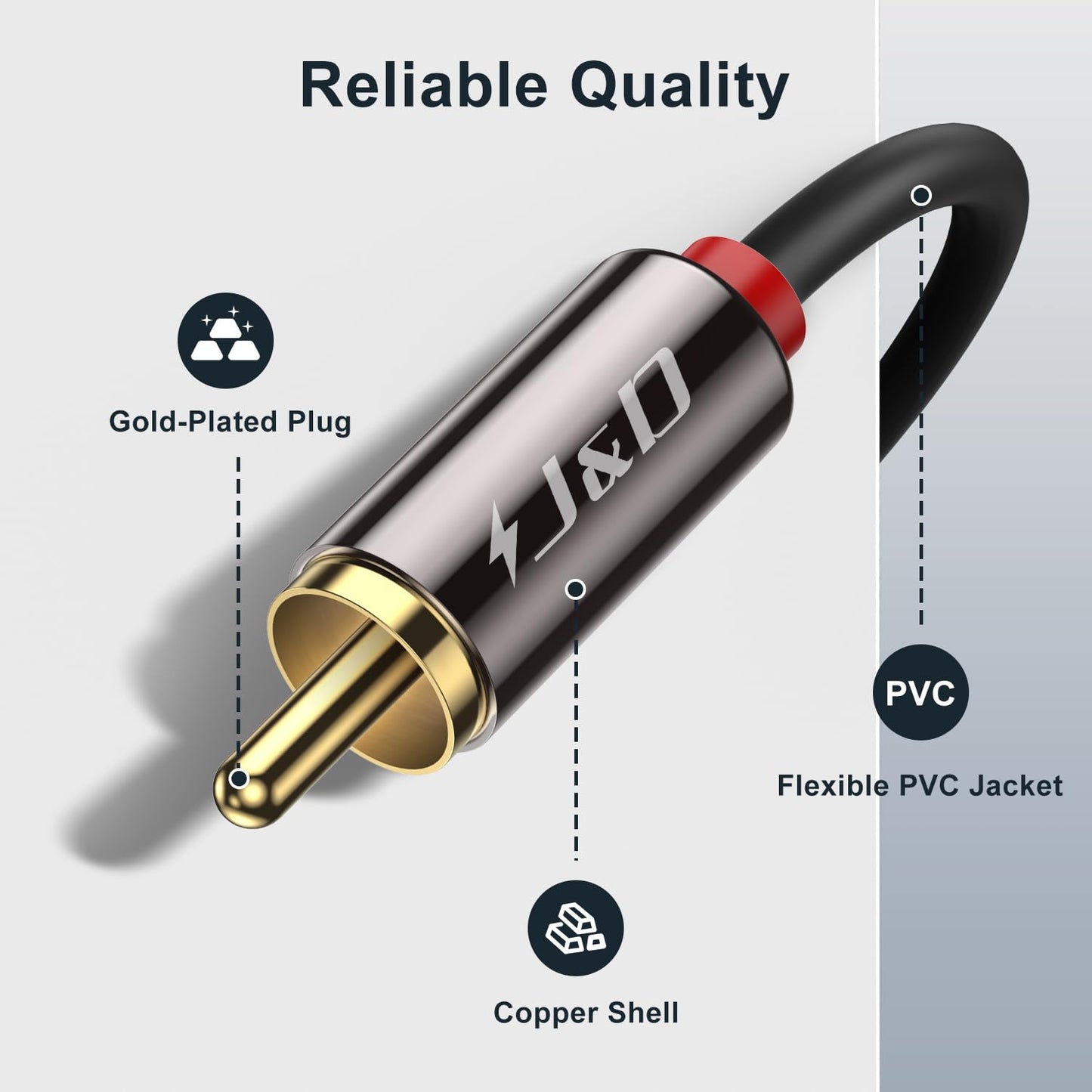 J&D 2 RCA M/M Stereo Audio Cable, Gold-Plated 2RCA Male to 2RCA Male Copper Shell Auxiliary Audio Cord for Home Theater HDTV Amplifiers Hi-Fi Systems