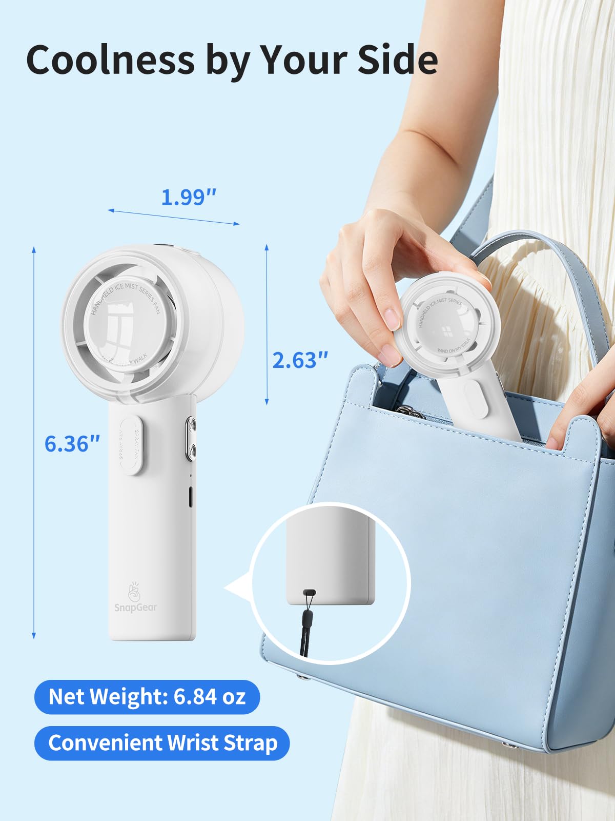 Snapgear MIST Portable Cooling Fan 13.5H Runtime, 30ml Water Tank, 5 Speeds, 3-in-1 Handheld Fan with Icy Mist & Powerful Wind for Outdoor Travel