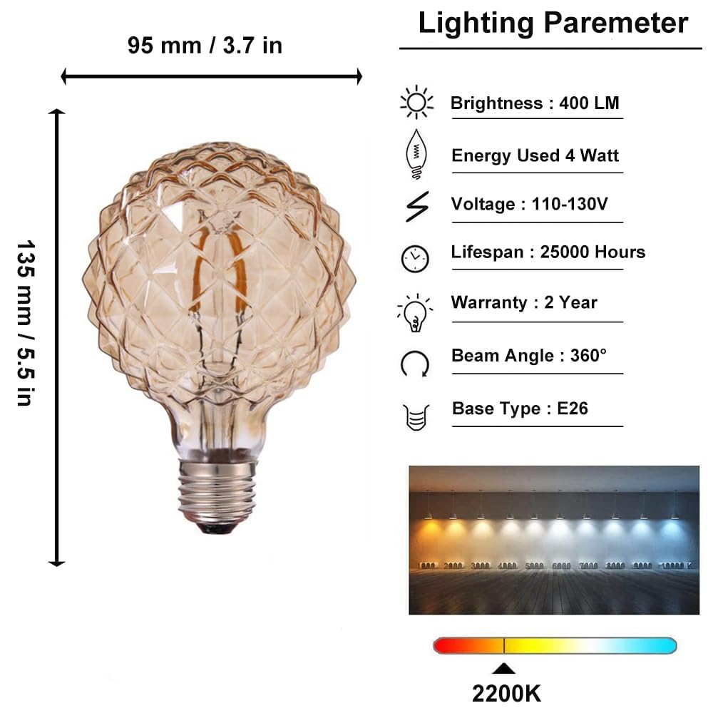 Vintage LED Edison Bulb G30 4W Dimmable LED Filament Bulb Globe Pineapple Shaped Light Bulb 2300K Warm White E26 400LM Equivalent 40W Incandescent