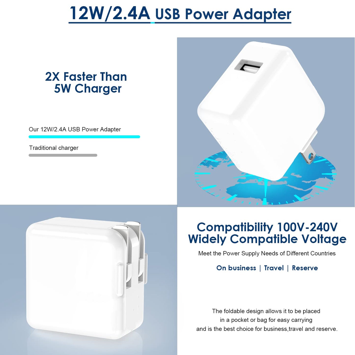 iPad Charger,iPhone Charger Pad Cord Fast Charging 12W USB Wall Charge Foldable Portable Travel Plug with 6.6FT Lightning i Pad Fast Charging Cable